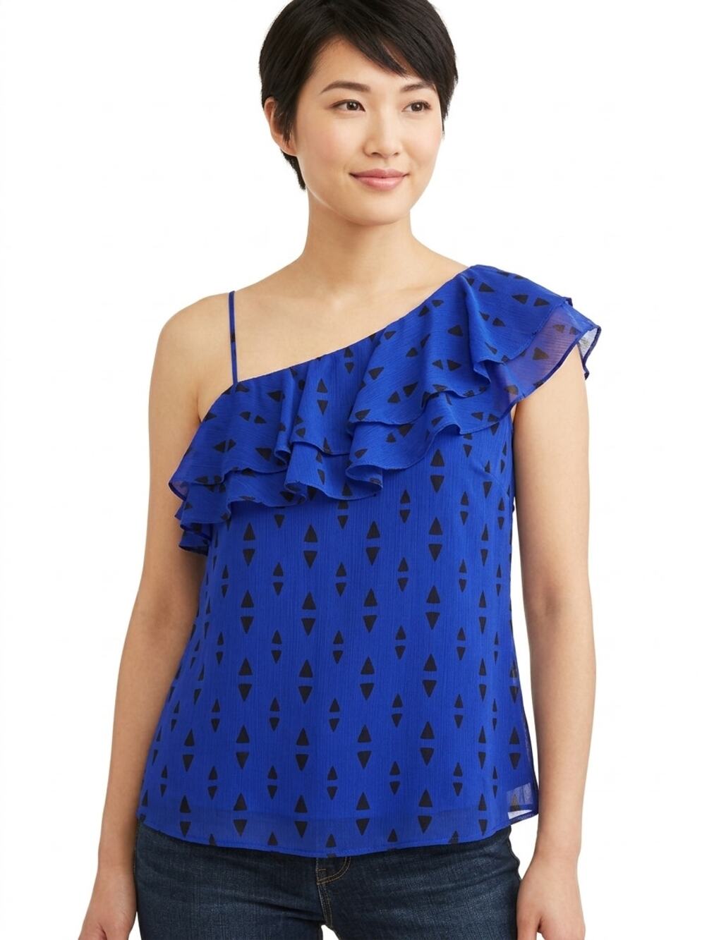 NWT Apt. 9 Blue Ruffle Chiffon Geometric Sleeveless Blouse Women Size M